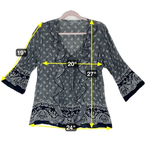 Sheer Gray Black Peasant Blouse Women’s SZ LG Ruffles Petit Floral Boho Hippie - Picture 4 of 11